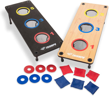 Triumph Sports USA 35-7071 is a 2 in 1 3 Hole Bag Toss and Washer Toss Game in Black and Natural Wood Color