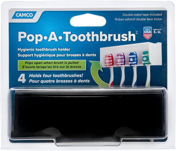 Camco A Pop-A-Toothbrush Wall Mounted Holder with Germ Protecting Cover, Holds 4 Toothbrushes, Black Black 4 Brushes