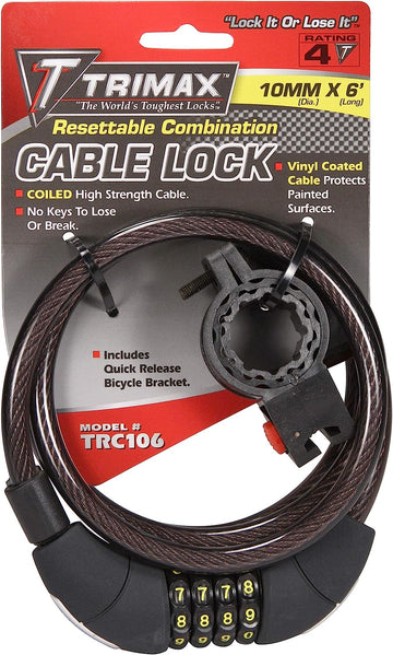 Trimax TRC106 6' x 8 mm Medium Security Coiled Combination Cable Lock with Bracket