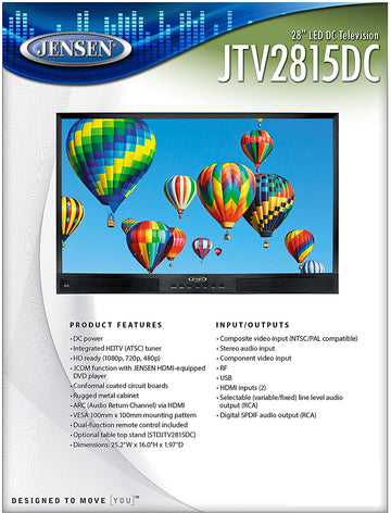 Jensen JTV2815DC 28-Inch LED DC TV with White LED Illumination, Wide 16:9 LCD Panel, 1366 x 768 Pixels WXGA Resolution, and Integrated HDTV (ATSC) Tuner, Black