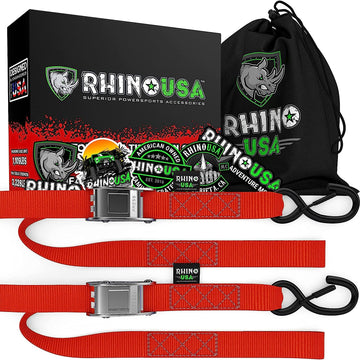 Rhino USA Motorcycle Tie Down Straps (2 Pack) Lab Tested 3,328lb Break Strength, Steel Cambuckle Tiedown Set with Integrated Soft Loops - Better Than a Ratchet Strap Red