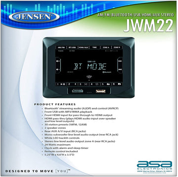Jensen JWM22 2-Speaker Zones AM/FM|BT|HDMI|AUX Cube Wall Mount Stereo, Speaker Output 4X 6 Watt, 30 Station Presets (18FM/12AM), Receives Bluetooth Audio (A2DP) and Controls (AVRCP) from Devices